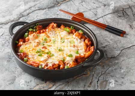 Buldak ist ein südkoreanisches, scharfes, gegrilltes Hähnchengericht aus der Nähe auf der Pfanne auf dem Tisch. Horizontal Stockfoto