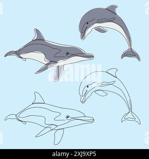 Verspielte Delfine in leuchtenden Farben, festgehalten in elegantem Line Art Stil. Meereslebewesen. Stock Vektor