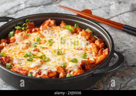 Koreanisches Buldak Fire Chicken aus gebratenem, scharfem Huhn, das in einer Vielzahl koreanischer Gewürze mit viel Mozzarella-Käse mariniert wurde Stockfoto