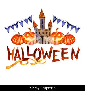 Aquarellbanner des Halloween-Themas mit Turm, Kürbis, Trank, Geistern, Fledermäusen und anderen, handgezeichnete Illustration des Oktoberereignisses isoliert auf weiß Stockfoto