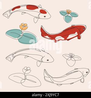 Anmutige Koi-Fische schwimmen zwischen zarten Lotusblüten. Elegante Strichgrafik-Illustration. Stock Vektor