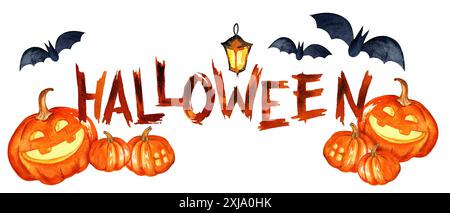 Aquarellrand des Halloween-Themas mit Kürbis, Lampe, Fledermäusen, Schriftzügen, handgezeichneter Zeichentrickillustration des Oktoberereignisses isoliert auf weißem Hintergrund Stockfoto