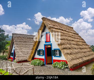 Traditionelle Hüttenhäuser und Garten von Madeira im Dorf Santana. Sonniger Tag in Portugal, Touristenziel Stockfoto