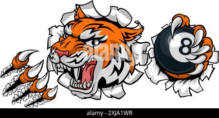 Tiger Angry Pool 8 Ball Billard Maskottchen Cartoon Stock Vektor