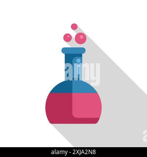 Rundkolben, der mit rosafarbenem Flüssigsymbol in flachem Stil und langem Schatten sprudelt Stock Vektor