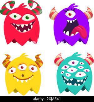 Lustige, lächelnde Monster-Set. Illustration von niedlichen und glücklichen mythischen Außerirdischen, Geistern und anderen Kreaturen. Vektor isoliert Stock Vektor