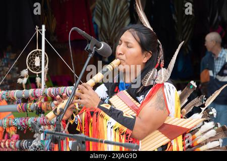 Coquimbo, Chile - 15. März 2019: Indigener Musiker tritt auf einem lokalen Festival auf. Stockfoto