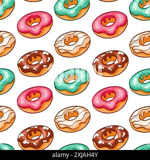 Nahtloses Donuts-Muster im Cartoon-Stil. Kuchendesign für Tapeten, Bäckerei und Menü. Vektorillustration auf weißem Hintergrund. Stock Vektor