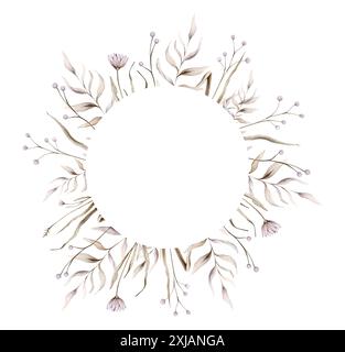 Aquarellboho pflanzt elegante Kränze Clipart. Hochzeit handbemalt beige getrocknete Zweige und lila Blumen. Blumenrahmen für Hochzeitseinladungen Stockfoto