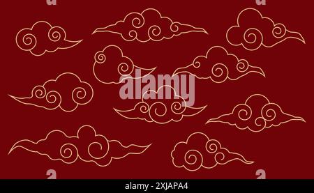 Japanisches Wolkenset, asiatisches traditionelles gewelltes Lockenschmuck. China-Ornament, östliche Deko-Kritzelei, Linie. Wolken fließen mit dem Wind am Himmel. Vektorabbildung Stock Vektor