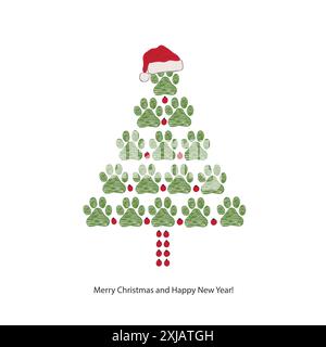 Hergestellt aus Pfotenabdrücken Kiefernbaum. Glückwunsch zum neuen Jahr und frohe Chirstmas-Grußkarte Stock Vektor