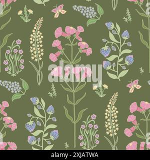 Nahtloses Muster der wilden Blumen auf dunkelgrünem Hintergrund. Stock Vektor