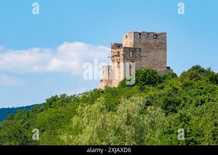 Ruinen der mittelalterlichen Burg in Cesznek auf einem grünen Hügel Stockfoto