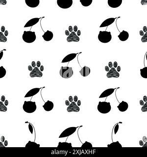 Aus schwarzen Katzengesichtskirschen und Pfotendrucken. Nahtloses Stoffmuster Stock Vektor