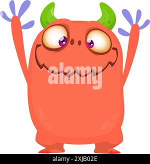 Glückliches Comicmonster, das die Hände winkt. Halloween-Vektor-Illustration. Ideal für die Dekoration von Verpackungen oder Partys. Stock Vektor