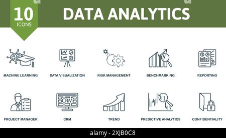 Dünne Symbolgruppe von Data Analytics. Maschinelles Lernen, Datenvisualisierung, Risikomanagement, Benchmarking, Reporting, Projektmanager, Crm, Trend Stock Vektor