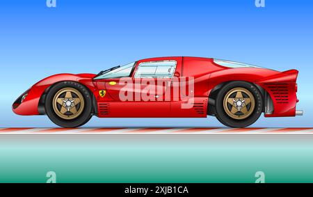 Maranello, Modena, Italien, Jahr 1967 - Ferrari 330 P4 Oldtimer, Sportscar-Weltmeisterschaft 1967, Silhouettenzeichnung, farbige Illustration Stockfoto