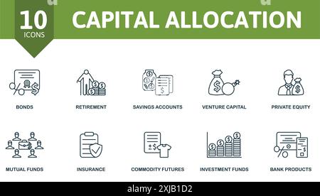 Dünne Symbolgruppe Kapitalzuordnung. Anleihen, Altersvorsorge, Sparkonten, Risikokapital, Private Equity, Fonds Auf Gegenseitigkeit, Versicherung, Rohstoffe Stock Vektor