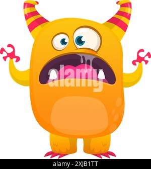 Glückliches Comicmonster, das die Hände winkt. Halloween-Vektor-Illustration. Ideal für die Dekoration von Verpackungen oder Partys. Stock Vektor