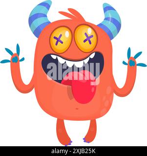 Glückliches Comicmonster, das die Hände winkt. Halloween-Vektor-Illustration. Ideal für die Dekoration von Verpackungen oder Partys. Stock Vektor