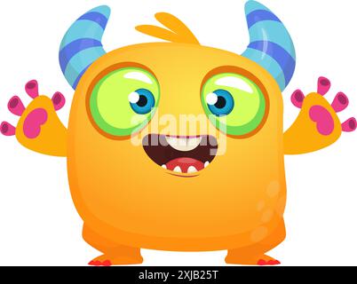 Glückliches Comicmonster, das die Hände winkt. Halloween-Vektor-Illustration. Ideal für die Dekoration von Verpackungen oder Partys. Stock Vektor
