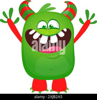 Glückliches Comicmonster, das die Hände winkt. Halloween-Vektor-Illustration. Ideal für die Dekoration von Verpackungen oder Partys. Stock Vektor