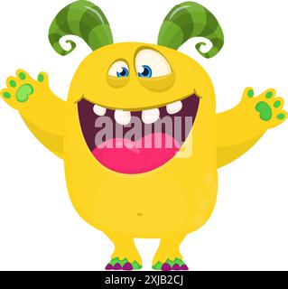 Glückliches Comicmonster, das die Hände winkt. Halloween-Vektor-Illustration. Ideal für die Dekoration von Verpackungen oder Partys. Stock Vektor