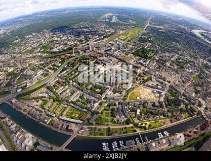 Luftbild, Stadtzentrum Mitte, Innenstadt, City, Mercator Quartier und Rathaus, Königstraße mit Blick zum Hauptbahnhof Hbf, Erdkugel, Fisheye Aufnahme, Fischaugen Aufnahme, 360 Grad Aufnahme, Tiny World, Little Planet, Fisheye Bild, Stadtzentrum Mitte, Innenstadt, Stadt, Mercator Quartier, Duisburg, Ruhrgebiet, Nordrhein-Westfalen, Deutschland ACHTUNGxMINDESTHONORARx60xEURO *** Luftaufnahme, Stadtzentrum, Innenstadt, Stadt, Mercator Quartier und Rathaus, Königstraße mit Blick zum Hauptbahnhof Hbf, Erdkugel, Fischaugenbild, Fischaugenbild, 360°-Bild, winzige Welt, kleiner Planet, Fisheye ima Stockfoto