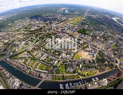 Luftbild, Stadtzentrum Mitte, Innenstadt, City, Mercator Quartier und Rathaus, Königstraße mit Blick zum Hauptbahnhof Hbf, Erdkugel, Fisheye Aufnahme, Fischaugen Aufnahme, 360 Grad Aufnahme, Tiny World, Little Planet, Fisheye Bild, Stadtzentrum Mitte, Innenstadt, Stadt, Mercator Quartier, Duisburg, Ruhrgebiet, Nordrhein-Westfalen, Deutschland ACHTUNGxMINDESTHONORARx60xEURO *** Luftaufnahme, Stadtzentrum, Innenstadt, Stadt, Mercator Quartier und Rathaus, Königstraße mit Blick zum Hauptbahnhof Hbf, Erdkugel, Fischaugenbild, Fischaugenbild, 360°-Bild, winzige Welt, kleiner Planet, Fisheye ima Stockfoto