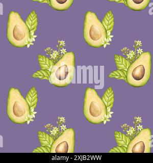 Nahtloses Avocado-Muster, Fruchthälfte mit Samen, grüne Blätter, Blumen. Pflanzlicher botanischer Clipart. Vegane diätetische Lebensmittelmalerei. Handgezeichnetes Aquarell Stockfoto
