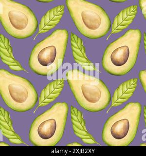 Nahtloses Avocado-Muster, Fruchthälfte mit Samen, grüne Blätter. Pflanzlicher botanischer Clipart. Vegane diätetische Lebensmittelmalerei. Handgezeichnetes Aquarell Stockfoto