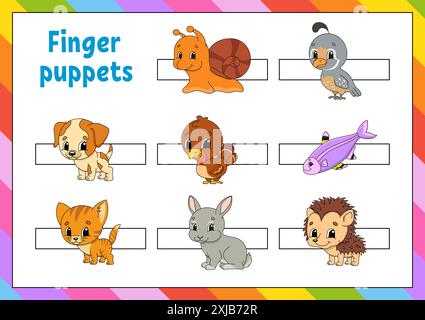 Fingerpuppen. Aktivitäten für Kinder. Niedliche Zeichentrickfiguren. Vektorabbildung. Stock Vektor