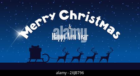 Santa Claus Rentier mit Geschenk auf Schlitten Grußkarte. Frohe Weihnachten und Happy New Year-Schriftzug mit farbenfroher Bethlehem-Sternenumschlag. Weihnachten Weihnachten Magie Nacht Lieferung horizontales eps Banner Stock Vektor