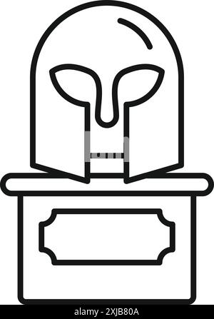 Linienzeichnung eines spartanischen Helms, der auf einem Sockel steht, mit einer leeren Platte für einen Text, perfekt für Projekte über das antike griechenland und rom Stock Vektor