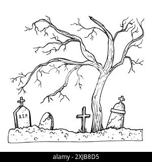 Vektor alter verlassener Friedhof. Handgemalte lineare Herbstbaumillustration. Grafische monochrome Grabsteine Kunst für Tattoo, Symbol des Todes, halloween, Stock Vektor