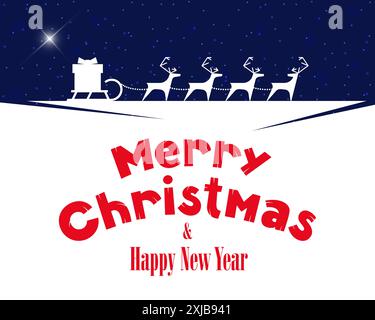 Santa Claus Rentier mit Geschenk auf Schlitten Grußkarte. Frohe Weihnachten und Happy New Year-Schriftzug mit leuchtendem Bethlehem-Sternenumschlag. Lieferdruck für die Magie der Weihnachtsnacht. Feiertagsabend-EPS-Banner Stock Vektor