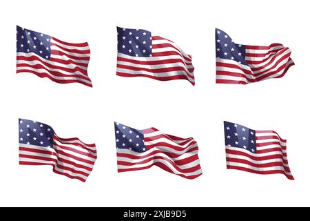 Flagge der Vereinigten staaten von amerika . Satz von welliger US-Flagge auf isoliertem weißem Hintergrund . Vektor . Stock Vektor