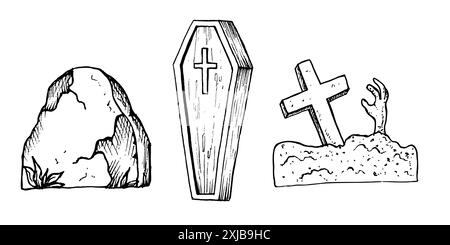 Vektor-Zombie-Arme ragen aus dem Boden, Grabstein auf einem Friedhof. Handgemalter linearer Holzsarg mit Kreuzillustration. Grafik monochro Stock Vektor