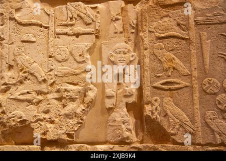 Ägyptische Flachreliefskulptur mit Hieroglyphen. Grab von Metjen. Altes Königreich. 3.-4. Dynastie. Ägyptisches Museum. Berlin, Deutschland. Stockfoto