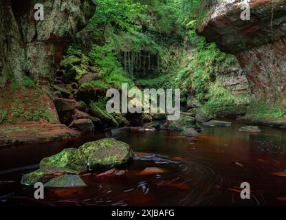 Langbelichtungsbild der Teufelskulpenschlucht in Finnich Glen, Schottland, mit dunklem Fluss, der durch tiefe, grüne Schluchten fließt Stockfoto