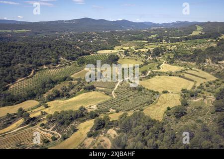 Ein atemberaubender Blick aus der Vogelperspektive auf die Landschaft von Anoia in Katalonien, die die Sommerlandschaft mit sanften Hügeln und üppigem Grün zeigt. Stockfoto