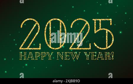 2025 Happy New Year Karte, Poster, Banner. Goldener Glitzertext, Ziffern. Glänzende 2025-Zahl und leuchtende Partikel auf dunkelgrünem smaragdgrünem Hintergrund Stock Vektor