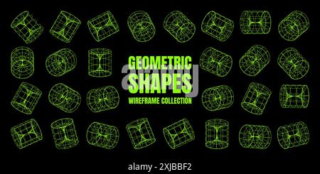 Mit Drahtdarstellung versehene Formen. Perspektivisches Netz, 3D-Raster. Geometrische Elemente mit niedrigem Poly. Futuristische Retro-Designelemente im y2k-, Vaporwave- und Synthwave-Stil Stock Vektor