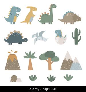 Niedliche Dinosaurier-Vektor-Kollektion. Vektorabbildung. Flaches Design im skandinavischen Stil. Stock Vektor