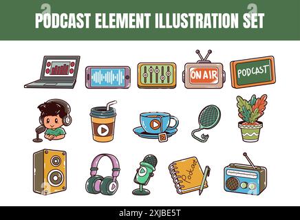 Podcast-Elementvektorkontur Illustrationssatz Stock Vektor