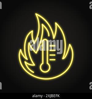 Symbol für extreme Hitze in Neonlinien. Hohe Temperatur. Flammensymbol mit Thermometer. Vektorabbildung. Stock Vektor