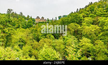 Warche-Tal bedeckt mit üppigen grünen Laubbäumen, Schloss Reinhardstein erhebt sich auf dem Hügel im Hintergrund, bewölkter Tag in Waimes, Belgien Stockfoto