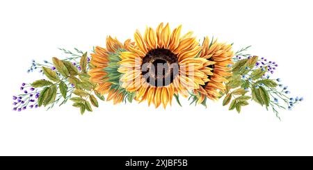 Sonnenblumen, Kräuter und Herbstlaub. Sonnenblumenkranz mit grünen vogelblättern und zarten Blüten. Feldwildblumen. Aquarellabbildung Stockfoto