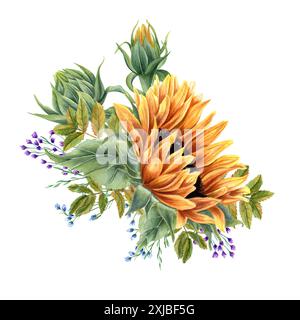 Sonnenblumenstrauß. Blühende Kräuter und Herbstlaub. Sonnenblumen mit grünen vogelblättern und zarten violetten, blauen Blüten. Feldwildblumen. Stockfoto