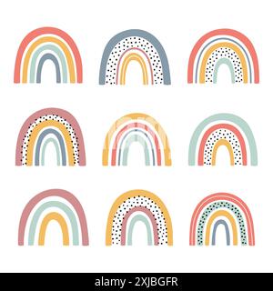 Niedliches handgezeichnetes Regenbogenset. Vektorabbildung. Flaches Design im skandinavischen Stil. Stock Vektor